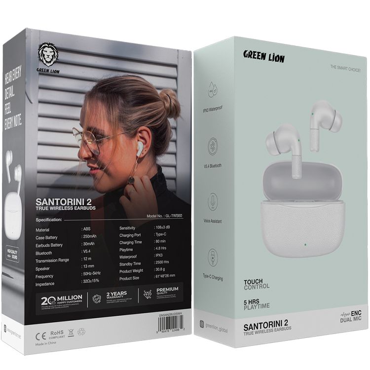 Green Lion Santorini 2 True Wireless Earbuds with Touch Controls, Up to 5 Hours Play Time, ABS Material, 2500 Hours Standby Time, 13mm Speaker Size, ENC Dual Microphones, High-Quality Sound, Voice Assistant - White