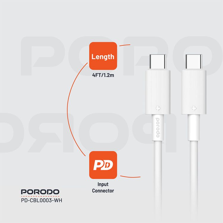 Porodo USB-C to USB-C PVC Cable, 480Mbps Transfer Speed, 60W Power Delivery, more than 15000 Bends Life Span, 1.2m Cable Length, Tangle Free - White