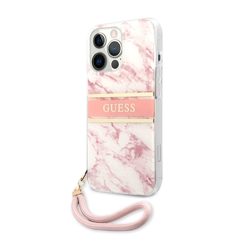 CG MOBILE Guess PC/TPU Case Marble Design & Stripe with Anti-Lost Nylon Strap for iPhone 13 Pro Max (6.7") Suitable with Wireless Charging Officially Licensed - Pink
