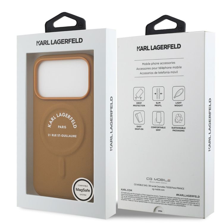 Karl Lagerfeld MagSafe PU Case with Karl RSG Logo Buttons for iPhone 17 Pro, Slim Profile, Easy Snap-On, Sustainable Packaging, Comfortable Grip, Drop Protection, Lightweight Design - Brown