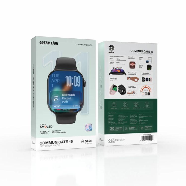 Green Lion Communicate 46mm Smart Watch with 2.07” Super AMOLED Display, 375mAh Battery Capacity, 1GB Flash Storage, IP68 Waterproof, 2-3 Days Working Time, 10 Days Standby Time, Bluetooth Version 3.0 + 5.4, Wireless Charging, Dynamic Island, Always-On Display, 500+ Watch Faces - Black