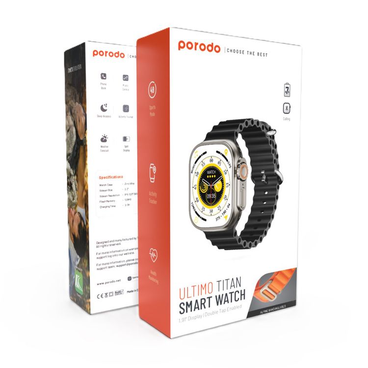 Porodo Ultimo Smart Watch, 2.1", 15 Days Working Time, 3 Hours Charging Time, Bluetooth 3.0 & 5.0, Voice Assistant, Android & iOS Compatible - Titanium Bezel & Black Band