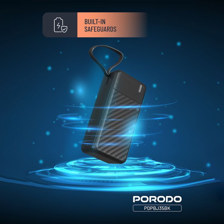 Porodo Piano 30000mAh Power Bank with Flashlight, Portable Handle, Phone Stand, 4 Integrated Cables, USB-A & USB-C & Micro Ports, Fast Charge Support, Universal Compatibility - Black