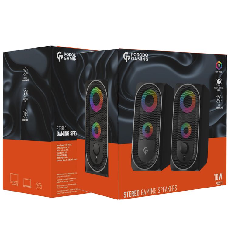 Porodo Gaming Stereo Speakers with RGB Light Effects, USB-A & 3.5mm Plugs, Volume Control Knob, 10W RMS Output, 1.2m Cable Length, Lightning Touch Sensor - Black