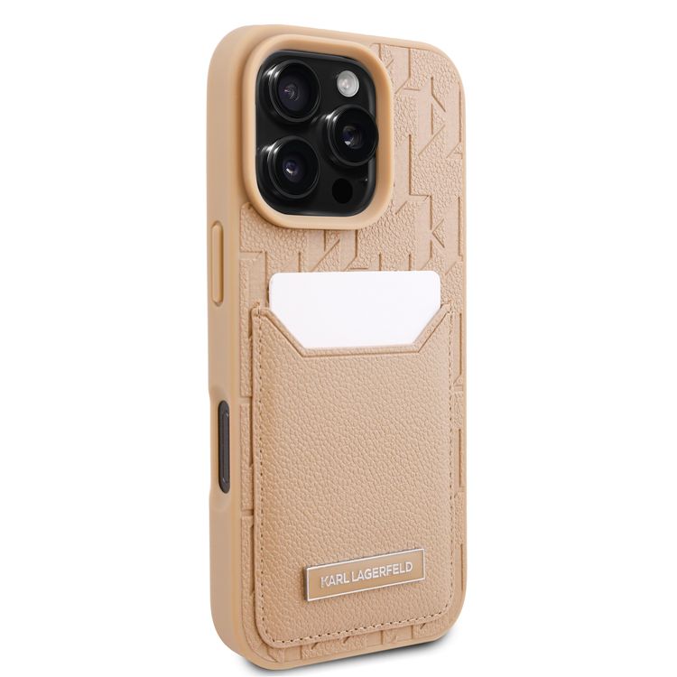Karl Lagerfeld PU Hard Case for iPhone 16 Pro Max with Card Slot & Monogram Design Logo, Drop Protection, Easy Snap-on, Slim Profile, Lightweight, Sustainable Packaging - Brown