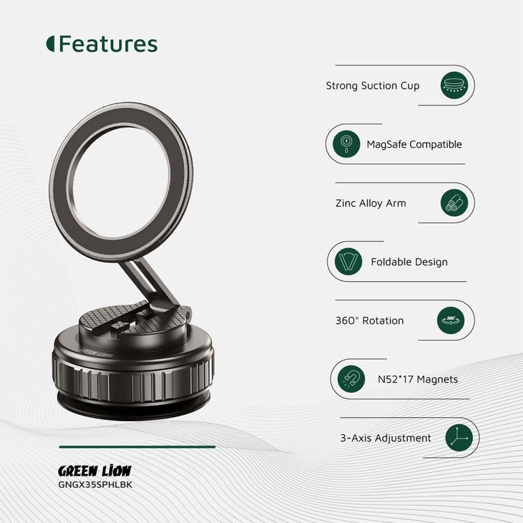 Green Lion GX-35 Suction Phone Holder with 360° Rotation, MagSafe Compatibility, N52×17 Magnets, 2kg Adsorption Force, Zinc Alloy Arm, 50kPa Pressure, Foldable Design - Black