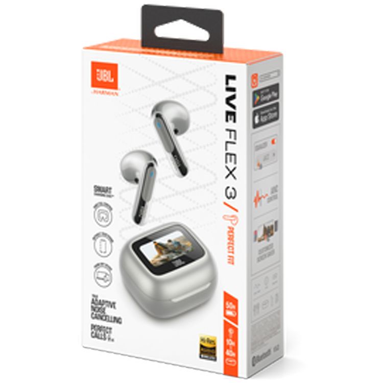 JBL Live Flex3 True Wireless Earbuds with Display, 50 Hours Battery Life, Adaptive Noise Cancelling, Multi-Point Connection, Water and Dust Resistant, 6 Microphones, JBL Spatial Sound - Silver