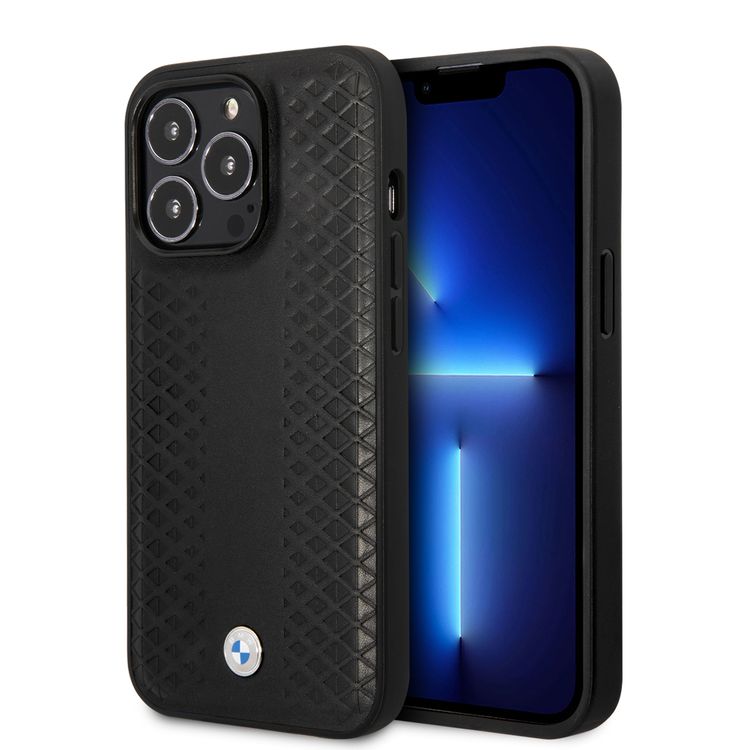 BMW Magsafe Compatibility Signature Collection Genuine Leather with Diamond Hot Stamp Pattern iPhone 14 Pro Compatibility - Black