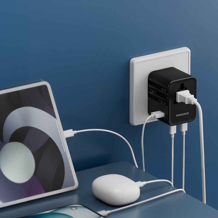 Porodo Universal Travel Multi-port Quick Charger with 2500W Max Rated Power, 15W Max Total Output, 18W Max USB-C Outputs (PD), 18W Max USB-A Output, 1m 4-in-1 Braided Cable, GaN Fast Charging Technology, Built-in Safety Protection - Black