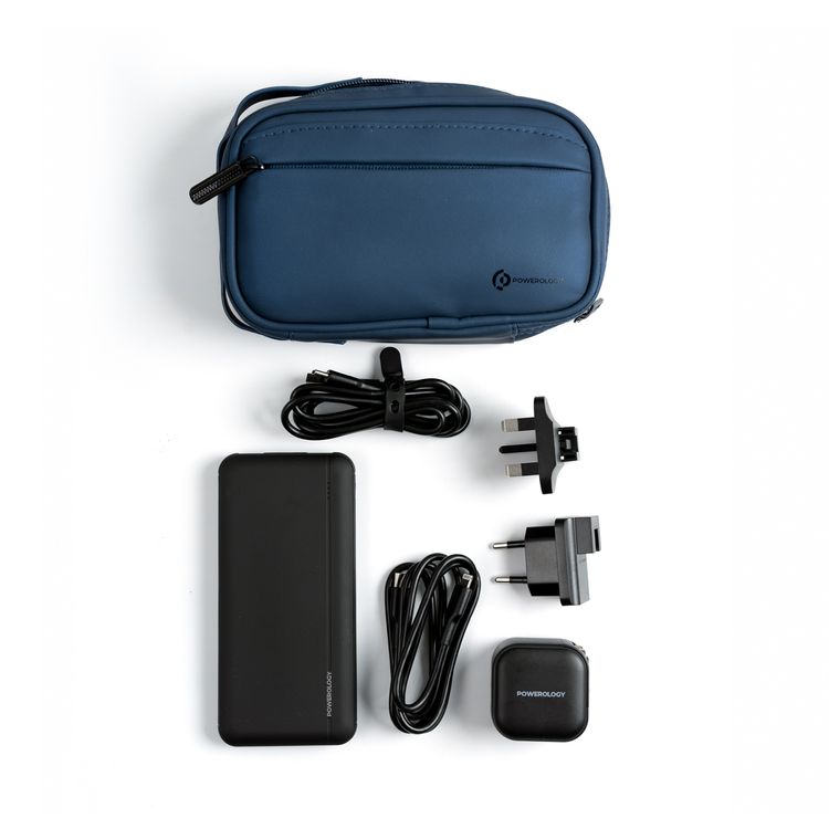 Powerology 5-in-1 Universal Power Combo with Power Bank, Universal Travel Charger & Fast-Charging Cables, 10000mAh PD Power Bank, 38W Charger, Carry Bag Included- Black