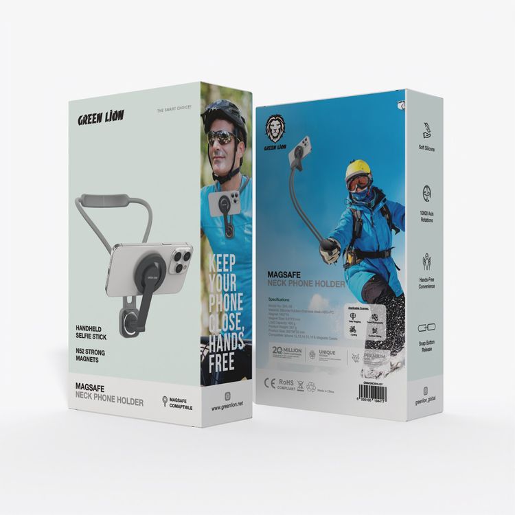 Green Lion MagSafe Neck Phone Holder, Lightweight, 400g Load Capacity, Hands-free Convenience, Snap Button Release, 10000 Axis Rotation, Soft Silicone - Gray 