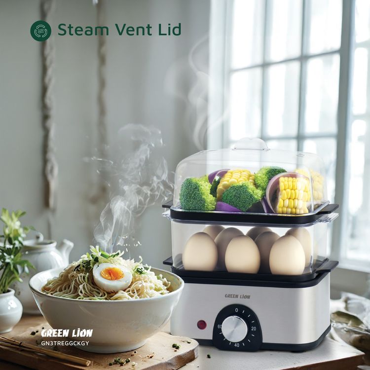 Green Lion 3-Tier Egg Cooker & Vegetable Steamer with 500mL Water Reservoir Capacity, 16 Eggs Tray Capacity, 0-60 Minutes Cooking Time, Stainless Steel Material, Polypropylene Tray Material, Steam Vent Lid, Rotary Knob, Light Indicator- Gray