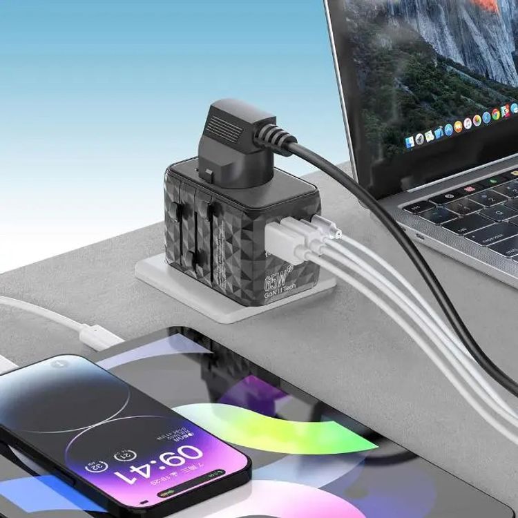Powerology 65W PD Universal Multi-Port Travel Adapter with Triple USB-C Outputs, Universal Plugs, Combined Output Mode, Lightweight & Portable, Travel Friendly - Gray