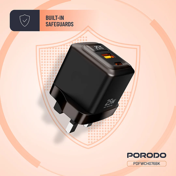 Porodo GaN Wall Charger with USB-A & USB-C Ports, 25W Power Delivery, Built-in Safeguards, Fast Charge Support, Multiple Device Charging, Digital Display - Black