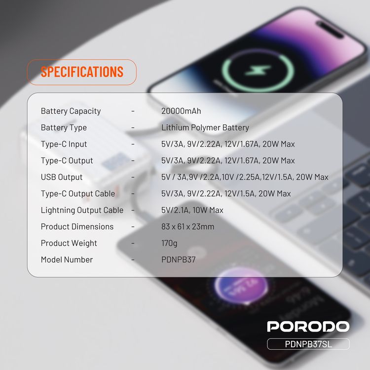 Porodo Petite 20000mAh Power Bank with Integrated Type-C & Lightning Cable, PD 20W, USB-A & USB-C Ports, Fast Charge Support, Digital Display, Universal Compatibility - Silver