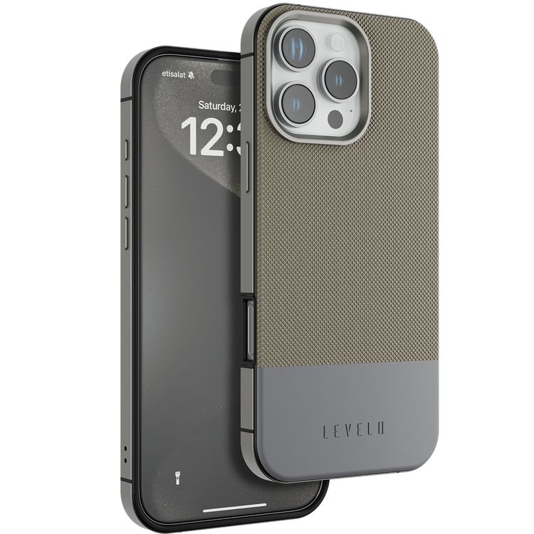 Levelo Cuir Two Tone Leather Case For iPhone 16 Pro, Durable, Compact Design, MagSafe Compatible, Hybrid Case, Impact-Resistant Corners , Aluminum Bumper Finish, High Quality Material - Gray
