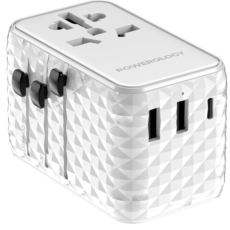 Powerology GaN 20W PD Universal Adapter with Retractable Type-C Cable, Simultaneous Charging, Includes Spare Fuse, Built-In Safeguard - White