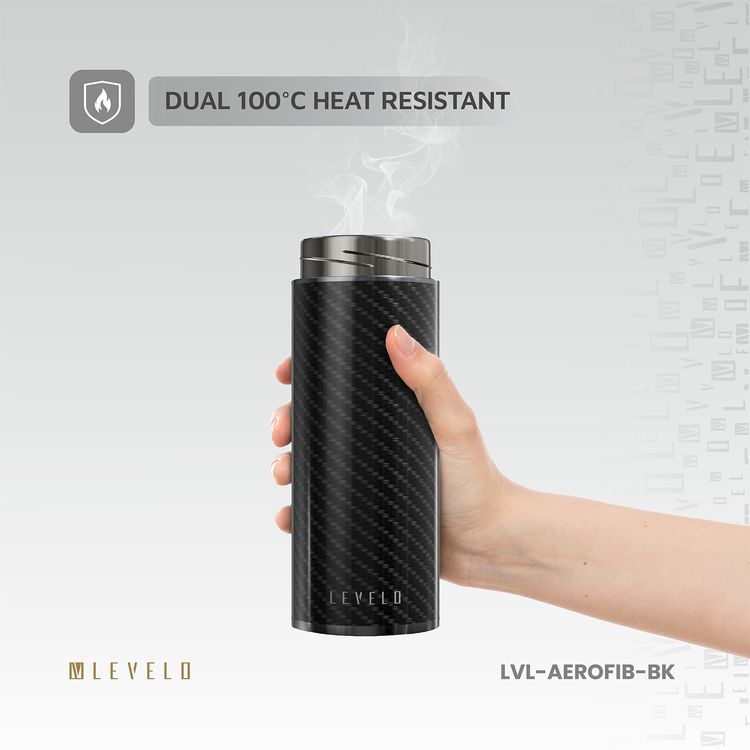 Levelo AeroFiber 350mL Carbon Fiber Bottle, Dual 100°C Heat Resistant, BPA-Free, Leak-Proof, 8-Hour Temperature Stability, Scratch-Resistant Carbon Fiber, Odor-Free - Black