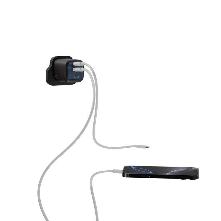 Levelo Vero GaN 45W Double Port Adapter with 2× Type-C Ports, UK Power Plug, Over Charge Protection, Fast Charging, Laptop Charger - Black / Blue