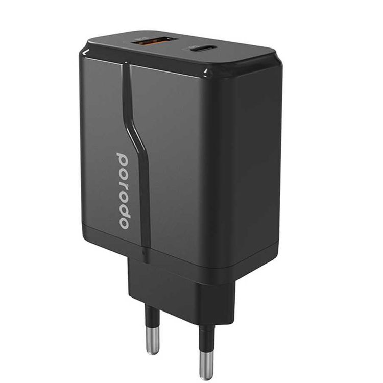 Porodo Dual Port Wall Charger PD 20W + QC 3.0, Braided Type-C to Lightning PD Cable 1.2m, Built-in Protective Mechanism & Fire Retardant Material