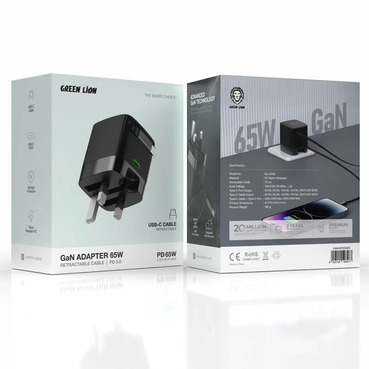 Green Lion Gan Adapter 65W Retractable Cable PD 3.0, 70 cm Retractable Cable, Multiple Protection