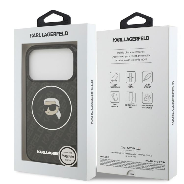 Karl Lagerfeld MagSafe IML Glitter & KL Repeated Case with Karl Head for iPhone 17 Pro, Slim Profile, Drop Protection, Easy Snap-On, Sustainable Packaging, Comfortable Grip, Lightweight Design - Black