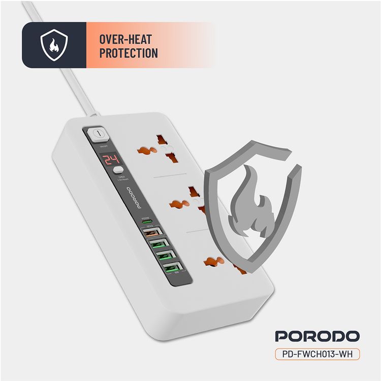 Porodo Multi-Port Power HUB Ultimate Home & Office Kit with 4 USB-A & 1 USB-C, 2m Cable Length, Built-in Safeguard, Over-Heat Protection, LED Display - White