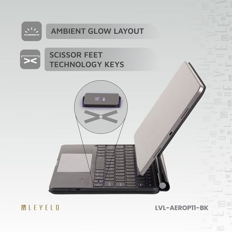 Levelo AeroBoard Pro Saffiano Leather Wireless Keyboard for iPad Pro 11" 2024, Stainless  Steel + Rubber Finish, 500mAh Battery Capacity, Type-C Charging Interface, Up to 320 Hours Working Time, 7 Color Light Modes - Black