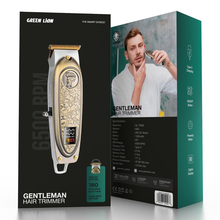 Green Lion Gentleman Hair Trimmer with 6500RPM Motor Speed, 1200mAh Battery Capacity, LED Display, 3 Hours Working Time, Blade Oil Reminder - Gold