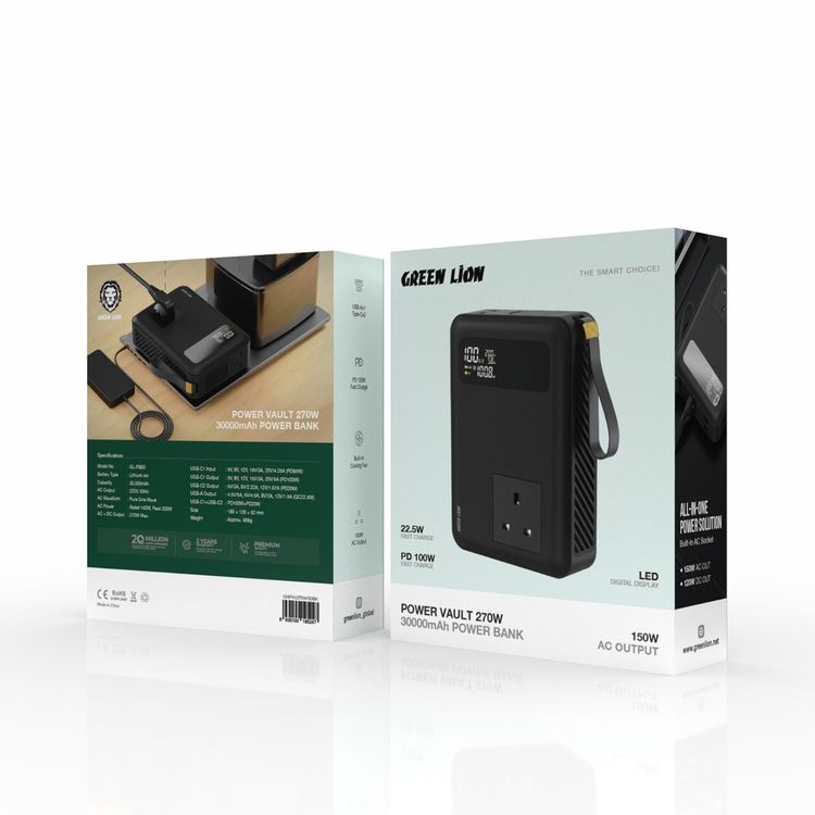 Green Lion Power Vault 270W 30000mAh Power Bank, Compact Design, 1 USB-A & 2 Type-C Ports, Built-in Cooling Fan, LED Digital Display, Fast Charge - Black