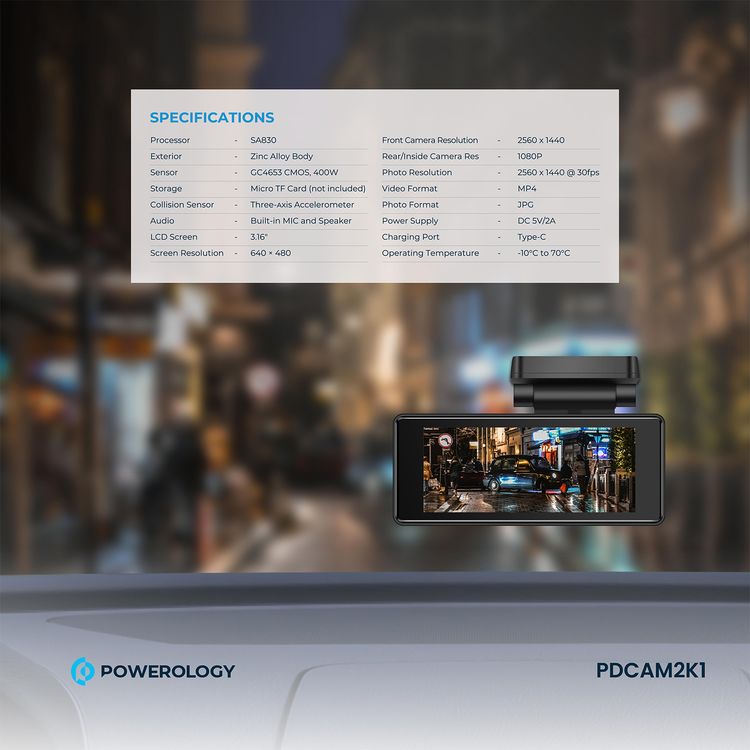 Powerology Dual Recording Dash Camera, Built-in Microphone & Speaker, 150° 4-Lane View, Collision Detection, 3.16" Wide Screen, Patented Design, Loop Recording, Parking Monitor, Type-C Charging Port, MP4 Video Format & JPG Photo Format - Black