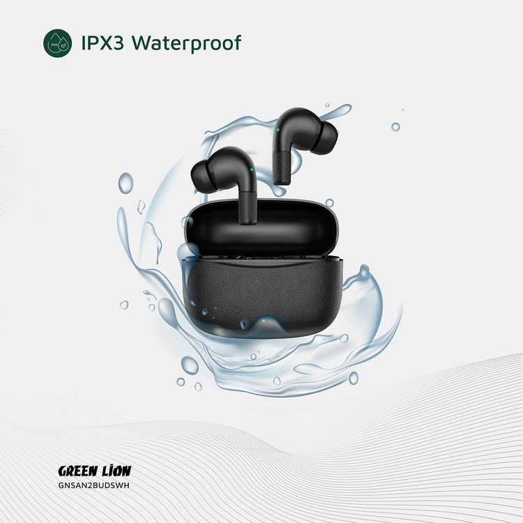 Green Lion Santorini 2 True Wireless Earbuds with Touch Controls, Up to 5 Hours Play Time, ABS Material, 2500 Hours Standby Time, 13mm Speaker Size, ENC Dual Microphones, High-Quality Sound, Voice Assistant - Black