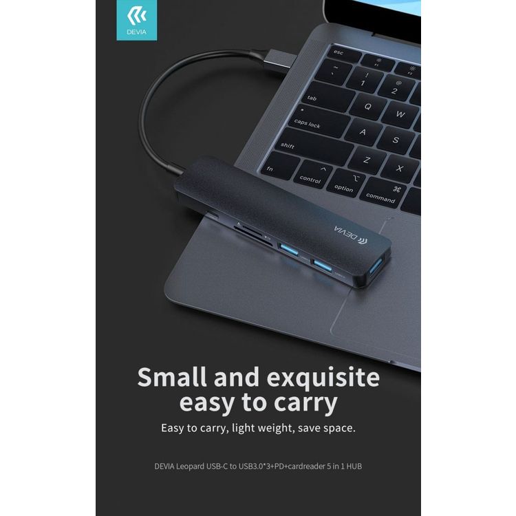 Devia Leopard 5 in 1 HUB Adapter Type-C (USB 3.0*3+PD+Cardreader) Lightweight Multi-port Adapter with Metal Texture - Wear & Oxidation Resistance - High Speed Transmission - Gray