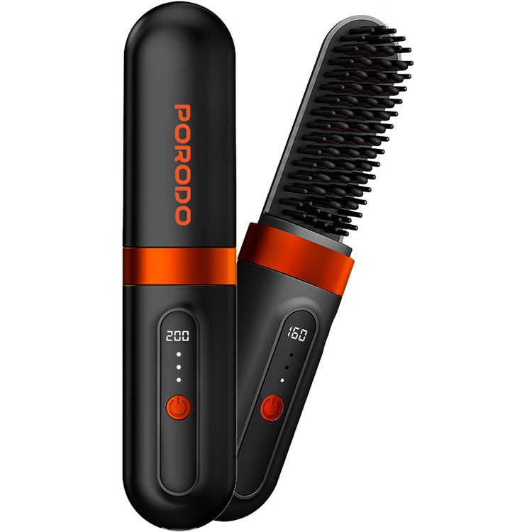 Porodo Lifestyle Portable Heated Styling Brush with PTC and Ceramic Heating Plate, 3 Temperature Settings, Type-C Charging Port, 4000mAh Battery Capacity, 1 Hour Working Time, Portable Design - Black 