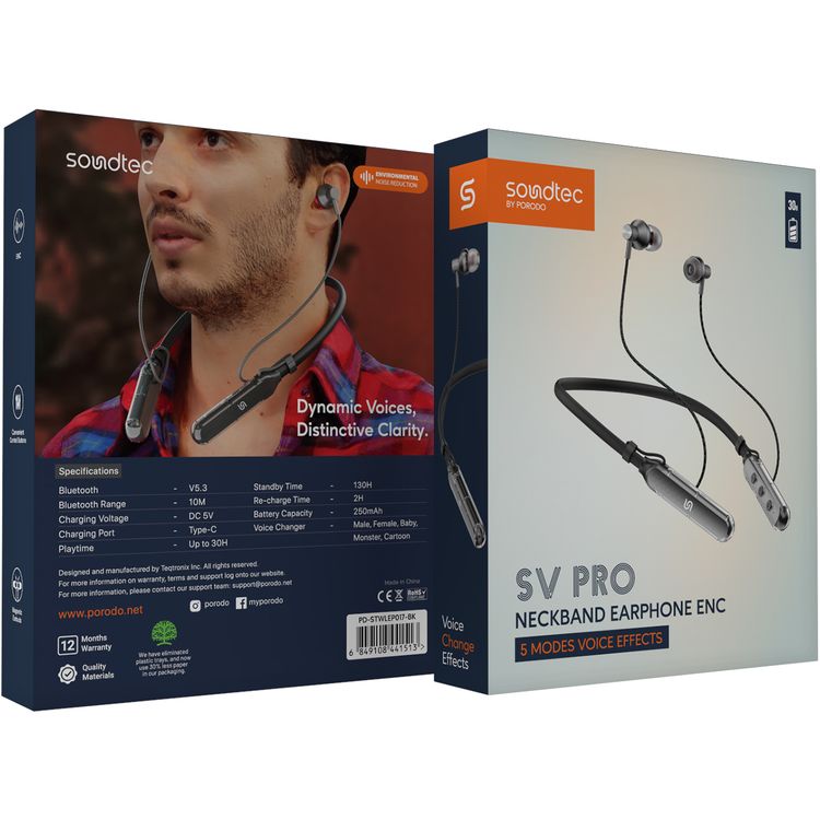 Porodo Soundtec SV Pro Neckband Earphones ENC with 5 Voice Effect Modes, Magnetic Earbuds, 250mAh Battery Capacity, Up to 30 Hours Playtime - Black