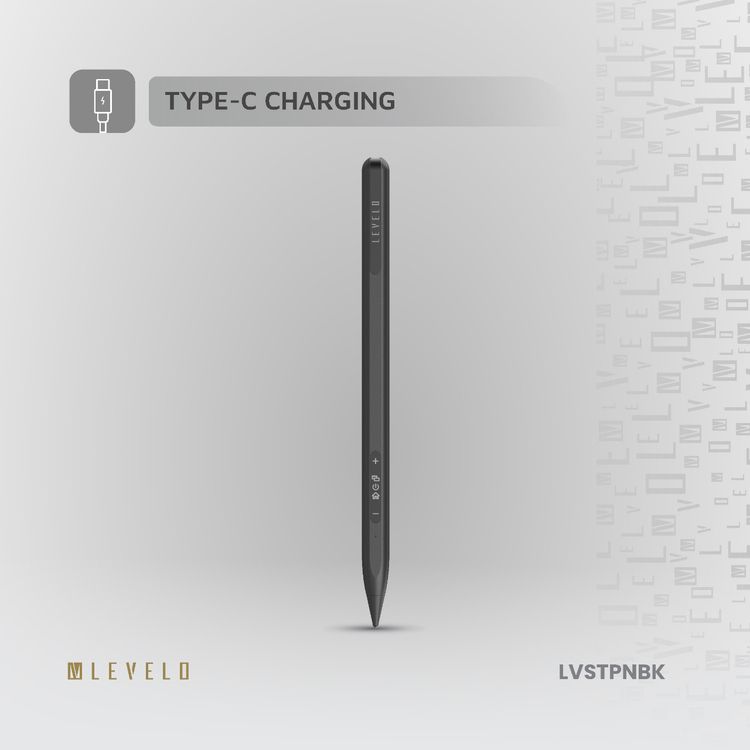 Levelo SkyWrite Versa Stylus Pen for iPad, 130mAh Battery Capacity, Aluminum Alloy & Polyoxymethylene Material, USB-C Charging Interface, <1 Hour Charging Time, 10 Hours Working Time, 6 Months Standby Mode, 2 Extra Tips, Strong Magnetic Field - Black