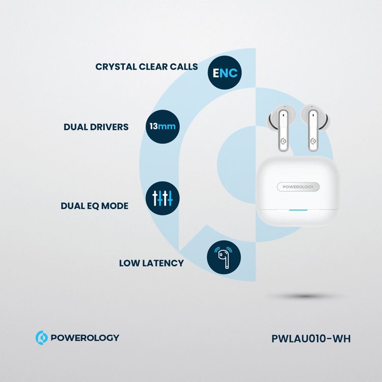 سماعات أذن لاسلكية حقيقية هجينة من Powerology مع ANC + ENC و6 ميكروفونات وبلوتوث الإصدار 5.3 ومنفذ شحن من النوع C - أبيض 