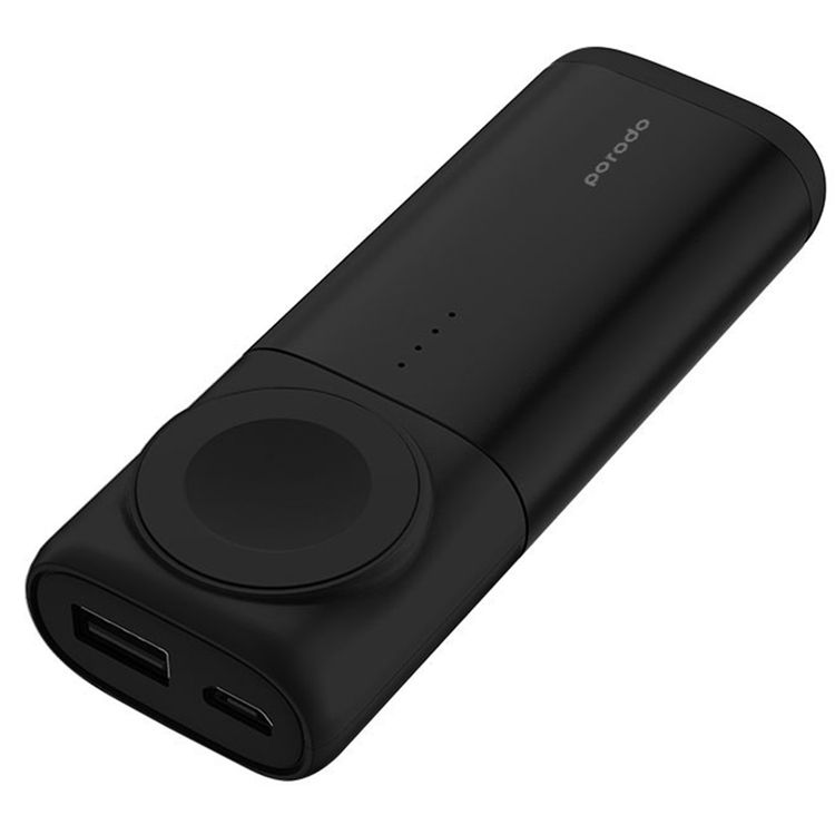 Porodo 2-in-1 Power Bank 5200mAh with Wireless Magnetic Watch Charger & Power Indicators, Compatible with Apple Watch Series 1/2/3/4, Overcharge & Overheat Protection - Black