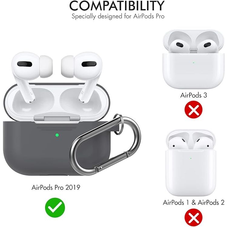حافظة سيليكون فاخرة بتصميم ثلاثي الأبعاد من Ahastyle مع حلقة تثبيت متوافقة مع AirPods Pro - تصميم كلاسيكي مريح - غطاء مقاوم للغبار والصدمات يدعم الشحن اللاسلكي - رمادي غامق
