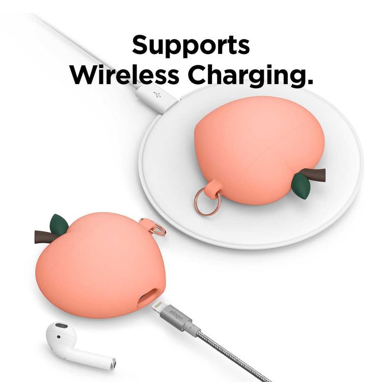 Elago Peach Hang Case Compatible with Airpods 1 & 2, Flexible,Shock-Resistant, Scratch Proof & Drop Proof, Easy Access to All Ports, w/ Carabiner to Safely Attach Anywhere - Peach