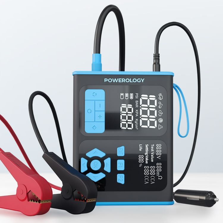 Powerology All-In-One Car Emergency Solution with Jump Starter, Air Inflator, OBD II Car Fault Diagnosis Toll, Smart Inflation System, 0.01-Bar Precision, Universal Device Charging, Digital Pressure Display, Large Battery Capacity, Multi-Vehicle Ready - Black/Blue