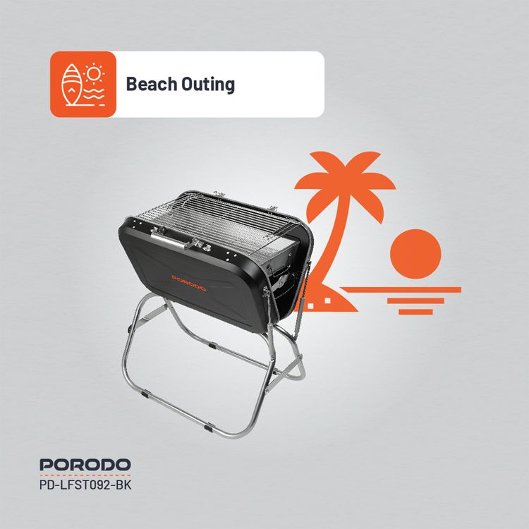 Porodo Lifestyle Portable Folding BBQ Grill with Steel Cooking Mesh, 17-inch Grilling Area, Camping Trip, Backyard Parties & Beach Outings, Easy to Clean, Quick Setup - Black
