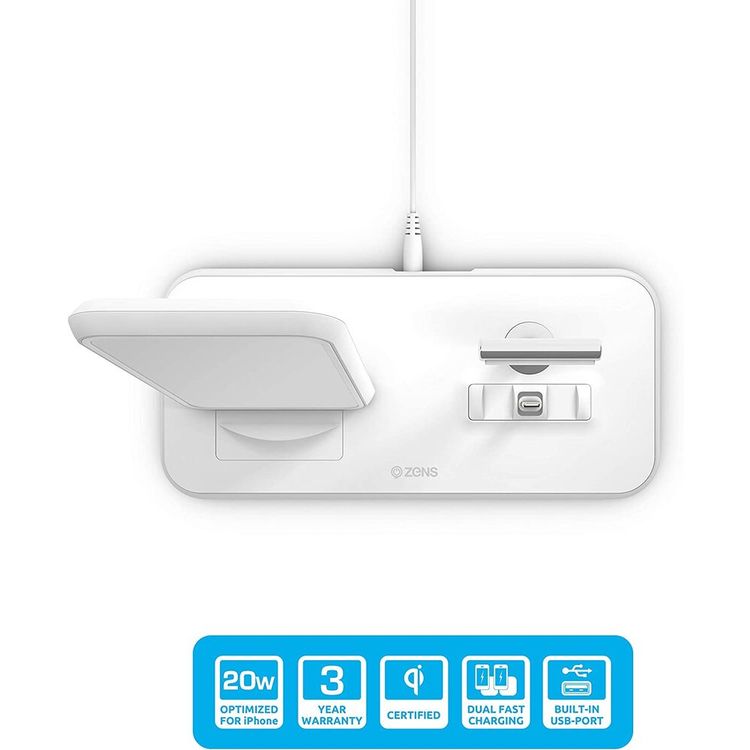 ZENS ZE-DC06B Dual Aluminium Wireless Charger & DOCK 20W, charges three devices, Ultra thin design - White