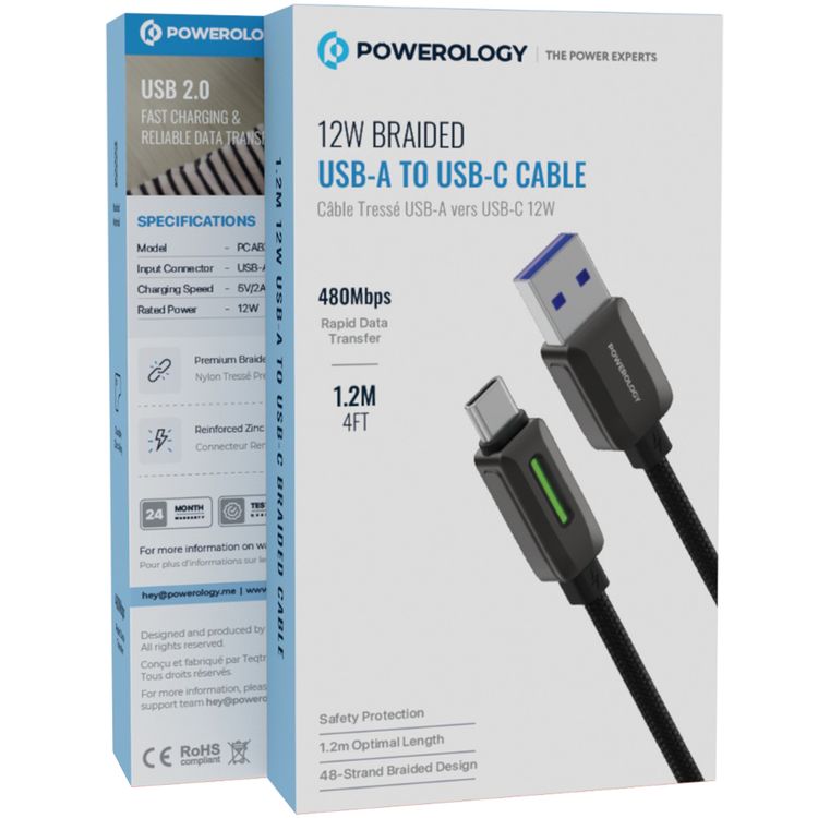 Powerology 12W Braided USB-A to USB-C Cable, 1.2m Optimal Length, Safety Protection, 480Mbps Rapid Data Transfer, Braided PVC with Zinc Alloy Connectors - Black 