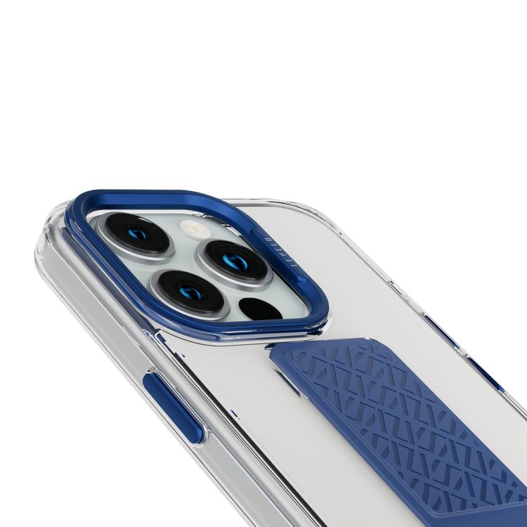 حافظة Levelo Morphix Clara Grip لهاتف iPhone 15 Pro Max، مقبض من الجلد الفاخر، حواف مقاومة للصدمات، مقاومة للخدش 3H، زوايا معززة مع Airguard، أوضاع وضع متعددة للحماية القصوى والراحة - أزرق