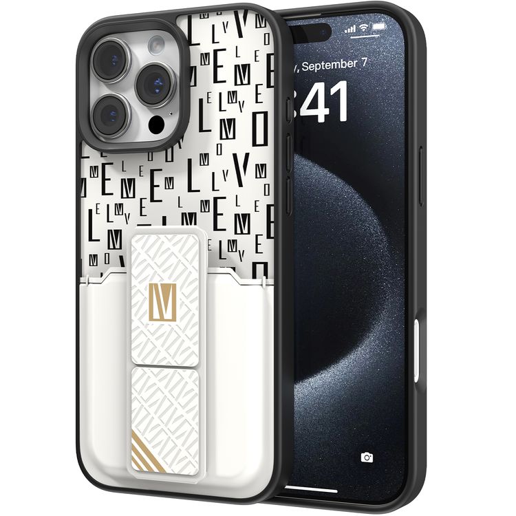 حافظة Levelo Morphix Gripstand مع حامل بطاقات لهاتف iPhone 16 Pro، حامل بطاقات مدمج، زوايا مقاومة للصدمات، ملمس نحيف بدون غطاء، حافة كاميرا مرتفعة، مادة فائقة المتانة - أبيض