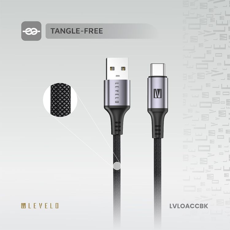 كابل Levelo Otto من USB-A إلى USB-C مع مقاومة للحرارة، شحن سريع ومزامنة البيانات، معدل نقل بيانات 480 ميجابت في الثانية، خالٍ من التشابك، طول الكابل 1.2 متر - أسود
