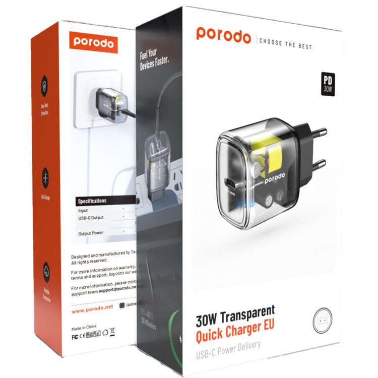 Porodo EU Transparent Quick Charger with 30W USB-C Power Delivery, Overheat Protection, 0%-60% Charge in 35 Minutes, Fast Charging Support, Reliable Companion - Black