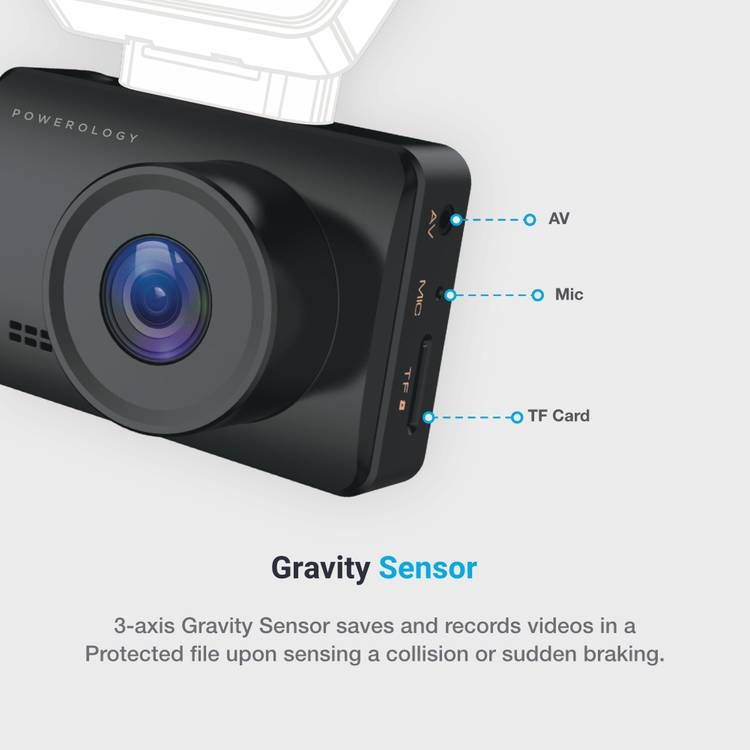Powerology Dash Camera Pro 1080P, GPS Coordinates, WIFI, 4-Lane Wide Angle, Motion sensor, Gravity sensor, Gap-less recording with App - Black