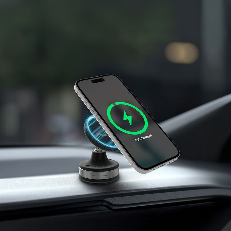 Porodo Vacuseal Smart Suction Wireless Charging Mount with Multi-Angle Viewing, 5-15W Total Output, USB-C Charging Interface, 360° Rotation, Strong Magnetic Hold, Strong Suction, One-Handed Operation - Black